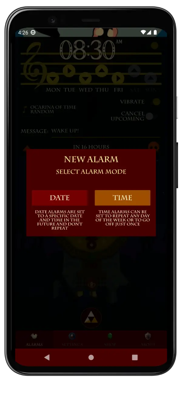 Screenshot of Zelda Alarm Clock in Android phone